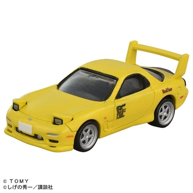  Yellow Mazda RX-7 FD3S toy car with spoiler and detailed decals.