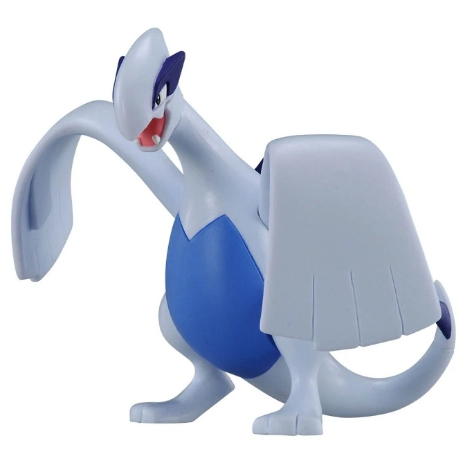 Lugia toy figure with blue belly and white wings, standing on a white surface.