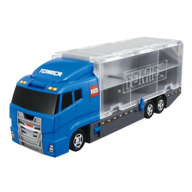  Blue Tomica truck with a clear trailer for storing toy cars.