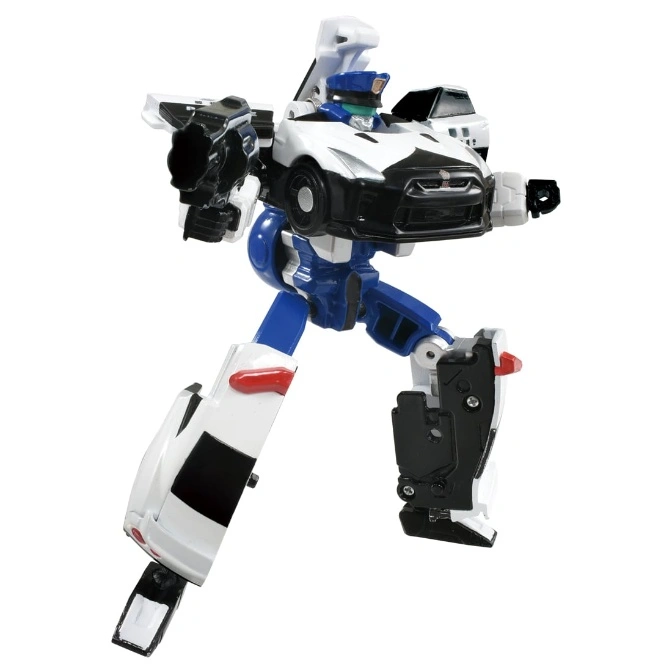 Transformer toy robot, white police car chest, blue limbs, black gun arm.