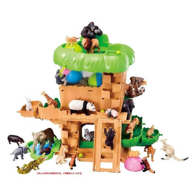  Animal playset with gorilla, lion, panda, tiger, elephant, and other toy animals on a multi-level treehouse.