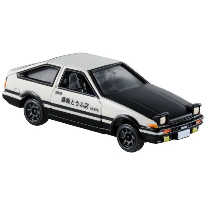 Toyota AE86 diecast model car with black hood and white body, featuring Fujiwara Tofu Shop livery.