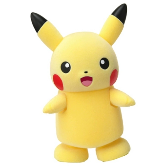 Yellow Pikachu toy with black-tipped ears, red cheeks, and a happy expression.