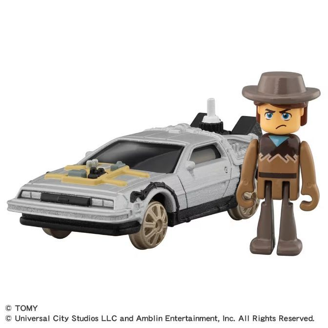 A toy set featuring a DeLorean time machine and a figure of Marty McFly from "Back to the Future Part III."