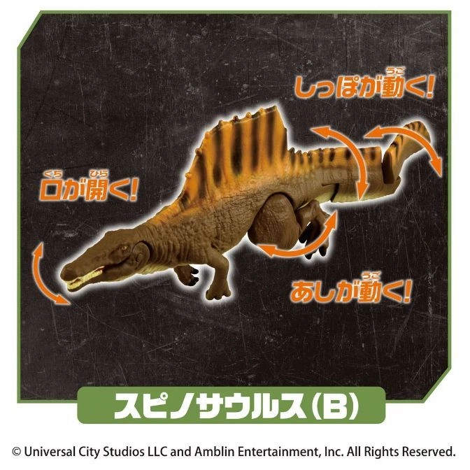  Spinosaurus toy with articulated mouth, legs, and tail, demonstrating movement.