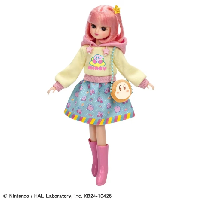  Kirby doll with pink hair, hoodie, skirt, purse, and boots.