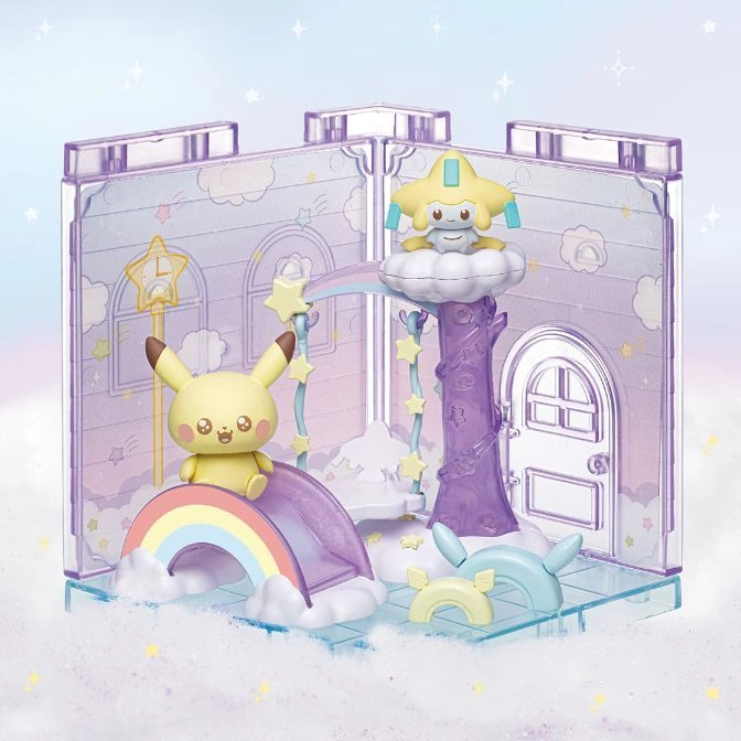 Pokémon playset with Pikachu on a rainbow slide and Jirachi on a cloud tree inside a pastel purple room.