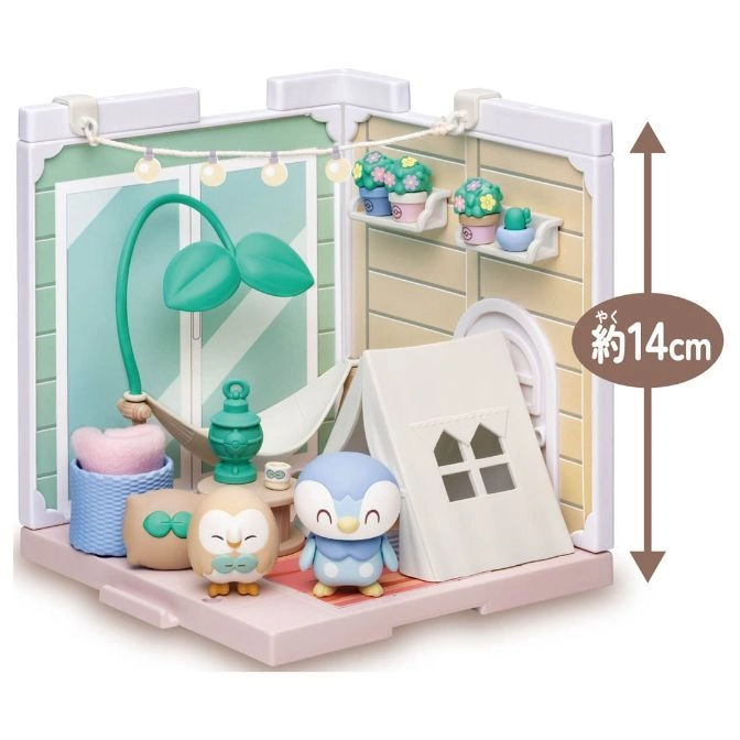  Toy playset with Piplup, owl figures, tent, hammock, and plant decor in a miniature room setting.