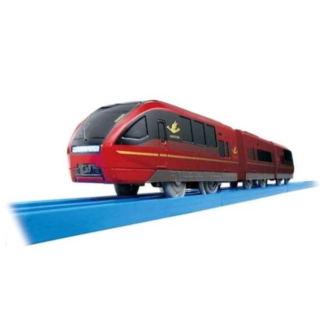 Red toy train on blue tracks, featuring a sleek design and multiple carriages.