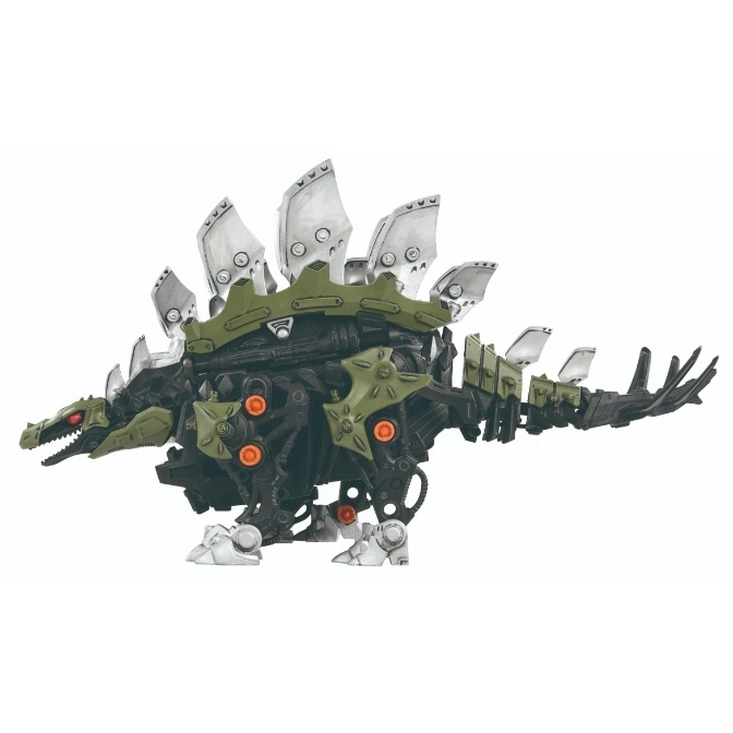  Stegosaurus-shaped Zoid toy with green and silver armor, featuring mechanical details and a menacing red-eyed head.