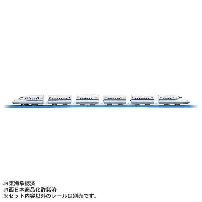  Toy bullet train set on blue track. White with blue accents, six cars long.