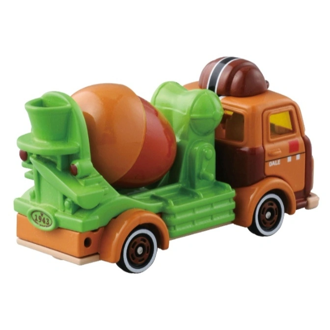  Toy cement mixer truck with orange cab and green mixer.
