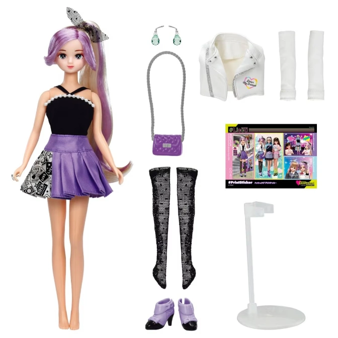  Licca doll with purple skirt, black top, and accessories: purse, jacket, boots, and stand.