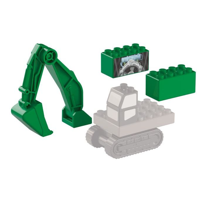  Green toy excavator arm and blocks, part of a construction set.