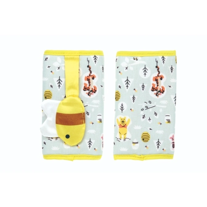 Winnie the Pooh themed baby wrist rattles with yellow trim and bee detail.