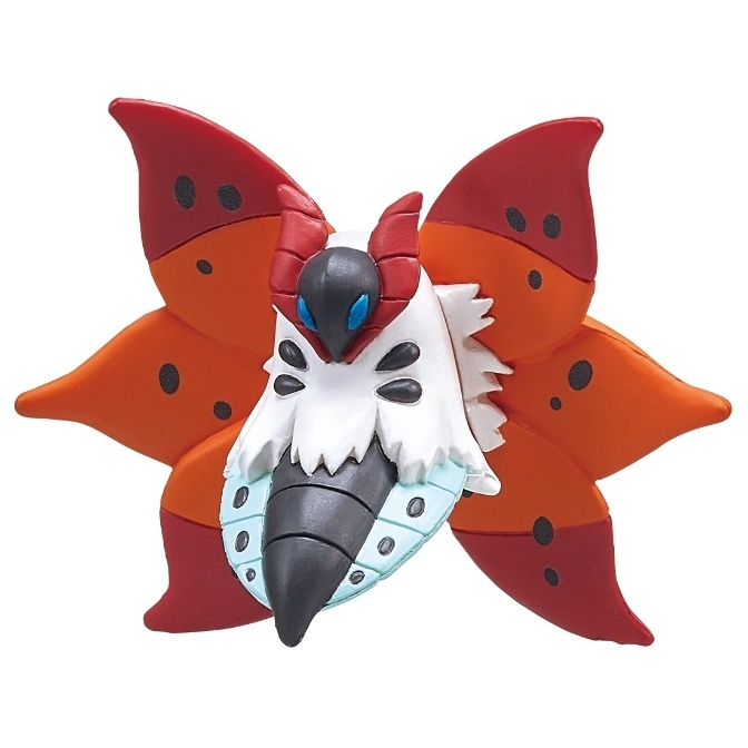 Volcarona toy figure with red and orange wings and a white furry body.