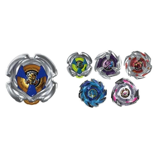 Six Beyblade spinning tops with different designs and colors.