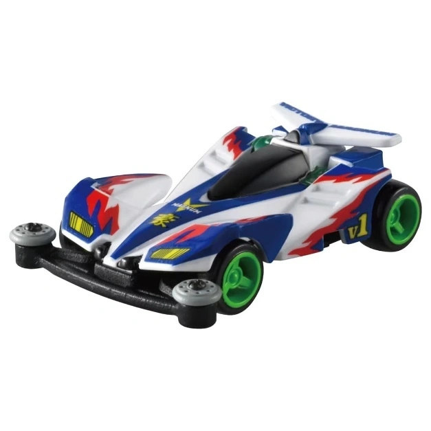 Blue and white Magnum Saber Mini 4WD racing car with green wheels and black chassis.