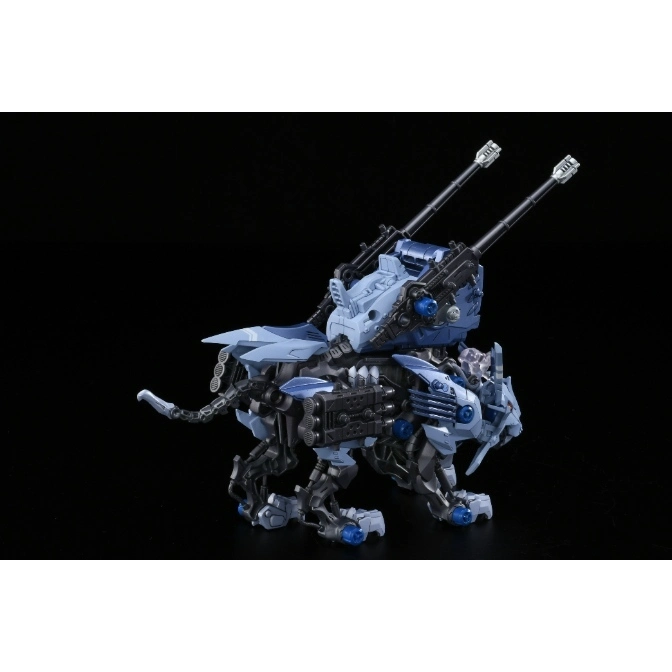  Blue and gray Zoids Liger Zero with cannon attachments on its back, standing on a black surface.