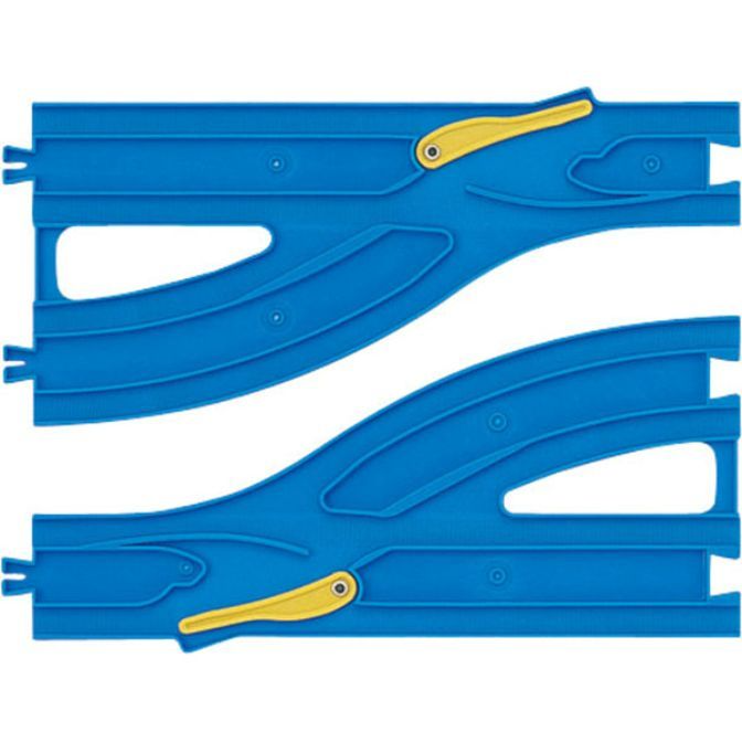 Two blue toy train tracks with yellow switches.