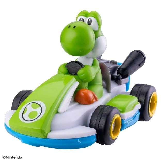  Yoshi in a green and white toy go-kart with black tires and a blue trim.
