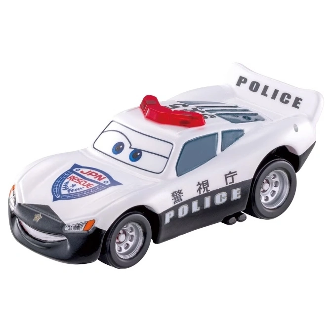 Toy car resembling Lightning McQueen as a Japanese police car with a red light bar and "POLICE" markings.