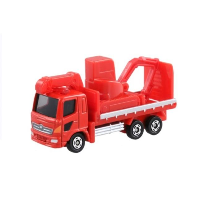 Red toy crane truck with six wheels and a crane arm.