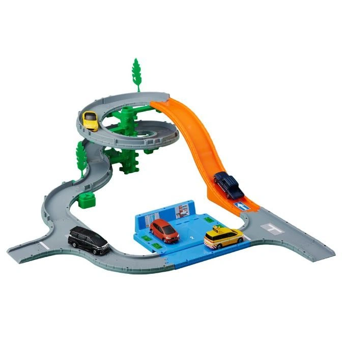  Toy car playset with spiral ramp, orange slide, parking area, and four miniature vehicles.