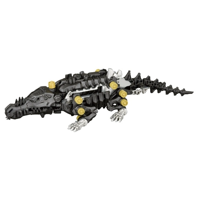  Black and silver mechanical crocodile toy with yellow accents and spiky tail.