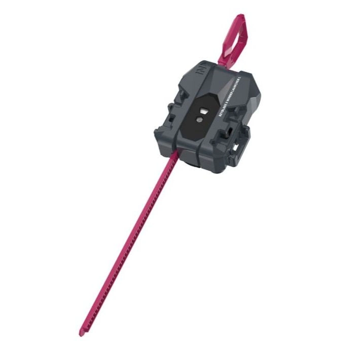 Beyblade Burst launcher with a red ripcord and handle, ready to launch a spinning top.