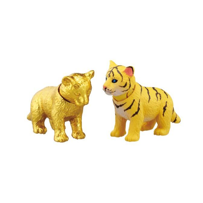  Two tiger figurines: one gold, one yellow with black stripes.