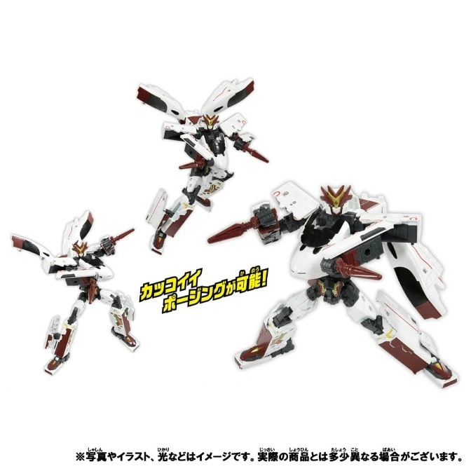  Three white and red transforming robot toys in different poses, with swords and wings.