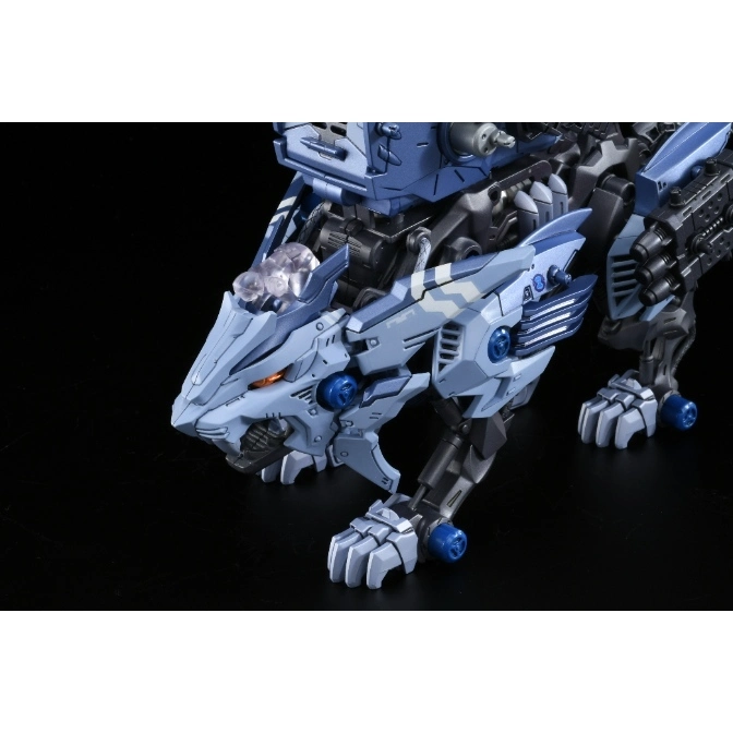  Blue Zoids Liger toy with intricate mechanical details and glowing orange eyes.