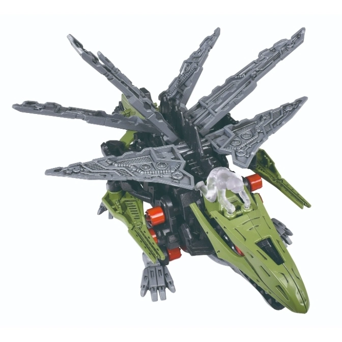  Green and grey robot dinosaur toy with multiple grey blades fanned out from its back.