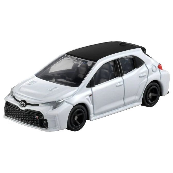 White Toyota GR Corolla toy car with black roof and wheels.