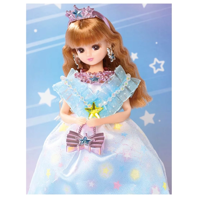  Licca-chan doll in a star-themed princess dress, crown, and purse.
