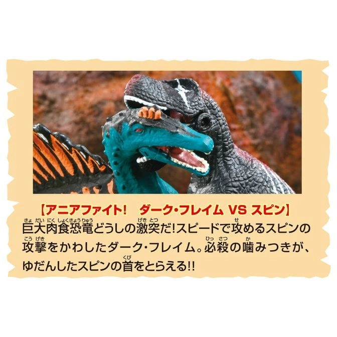  Dark Flame vs. Spinosaurus toy dinosaurs clashing, with text about the Ania Fight.