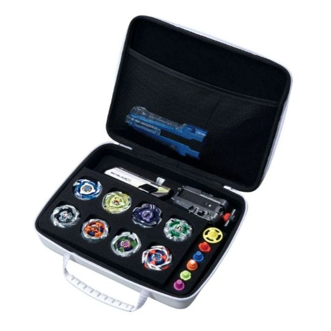  Beyblade carrying case with spinning tops, launchers, and accessories organized inside.