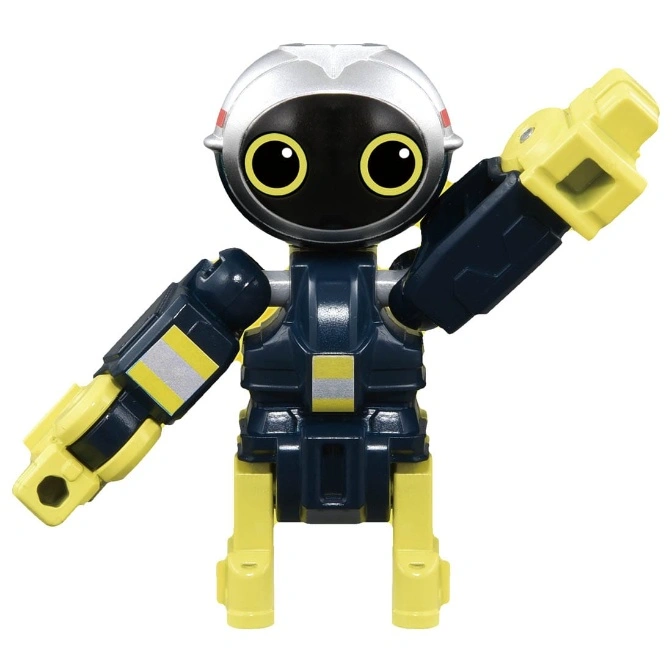  Blue and yellow robot toy with silver head and large eyes waving its arm.