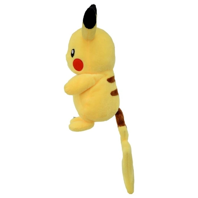  Pikachu plush toy in profile, featuring yellow fur, red cheeks, black-tipped ears, and a lightning bolt tail.