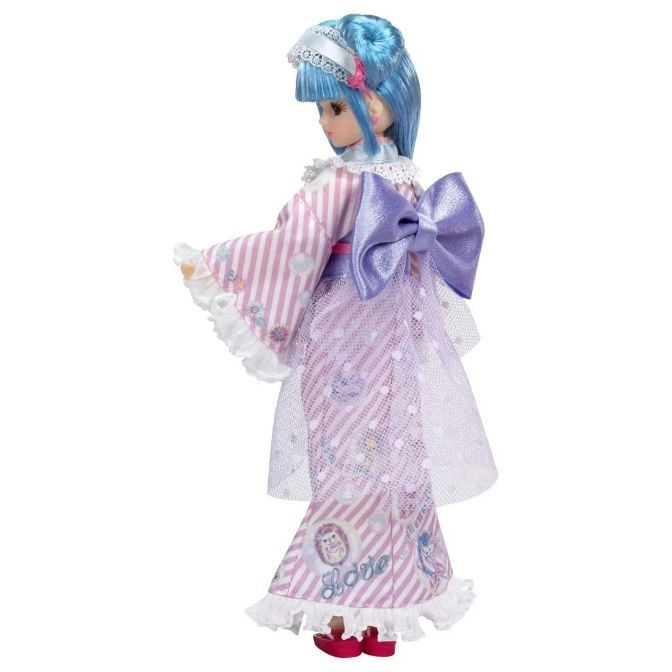  Blue-haired doll in a striped kimono with a large bow and lace trim.