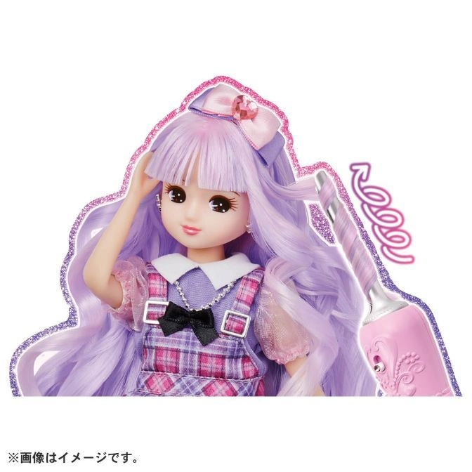  Doll with purple hair and curling iron toy, wearing a plaid dress with a bow.