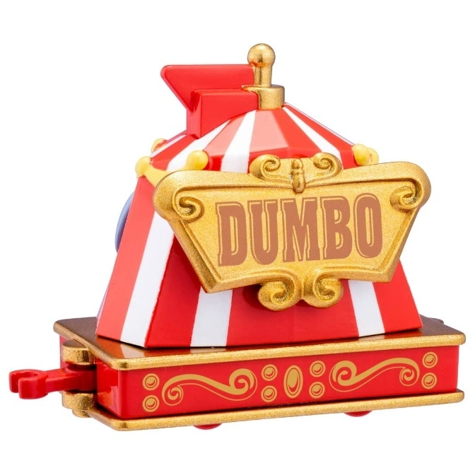  Dumbo circus train car toy with red and white stripes and a gold "Dumbo" sign.