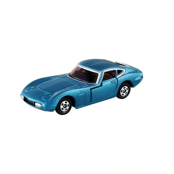 Blue toy Toyota 2000GT coupe with opening door and detailed wheels.