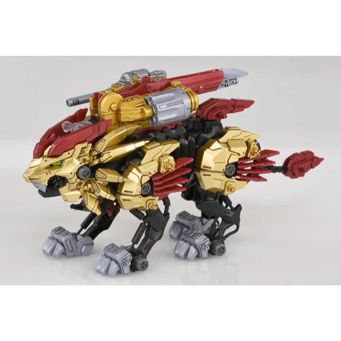  Gold and red Zoids Liger Zero toy with black legs and gray paws.
