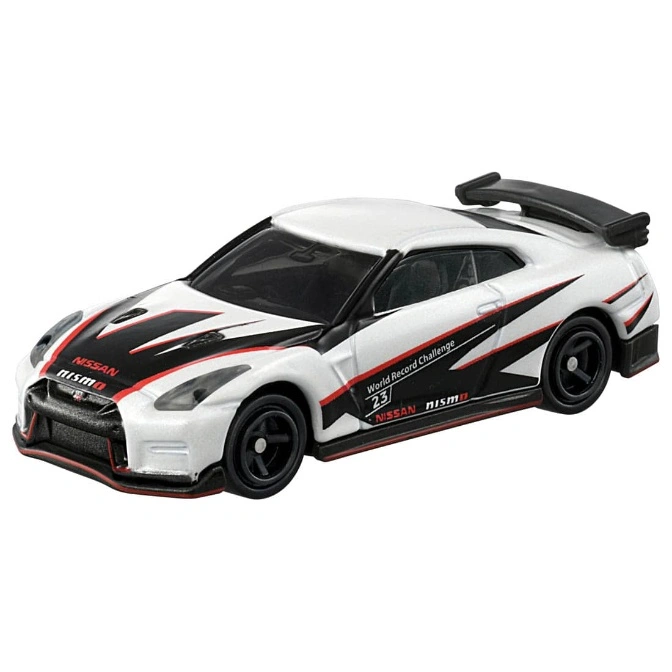 White Nissan GT-R Nismo toy car with black and red accents, featuring a rear spoiler.