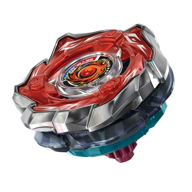 Red and silver Beyblade toy with a phoenix design.