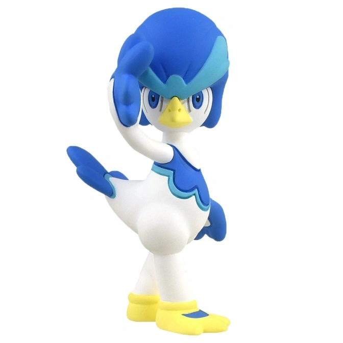 Piplup toy figure in a dynamic pose, featuring blue and white coloring with yellow accents.