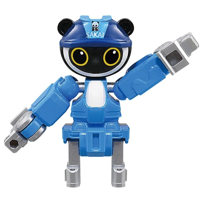  Blue robot toy with panda ears and a construction hat, arms outstretched.