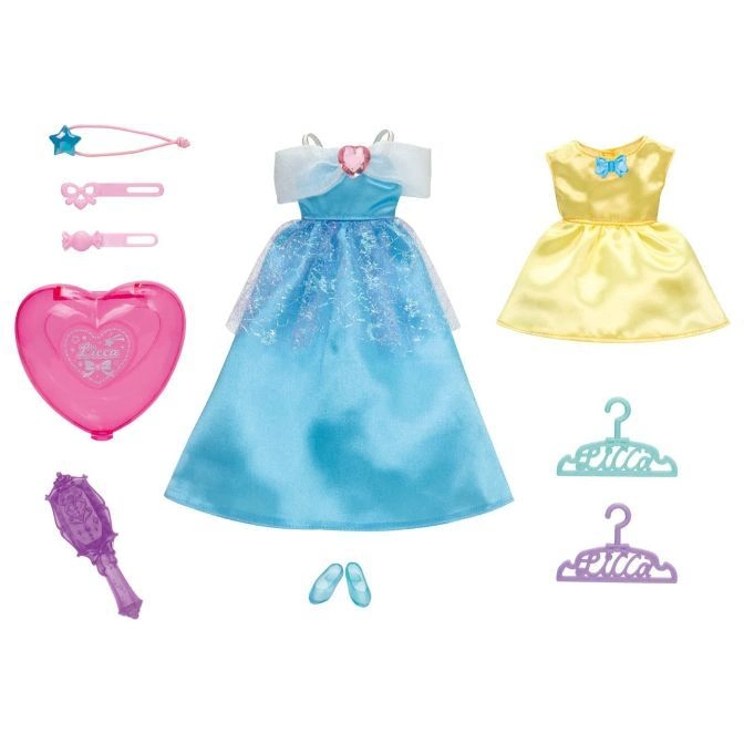  Licca-chan doll dress-up set with blue gown, yellow dress, accessories, and hangers.